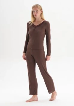 LONG SLEEVE V-NECK SET - Nachtwäsche Set - Brown