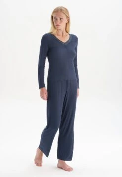 LONG SLEEVE V-NECK SET - Nachtwäsche Set - Navy